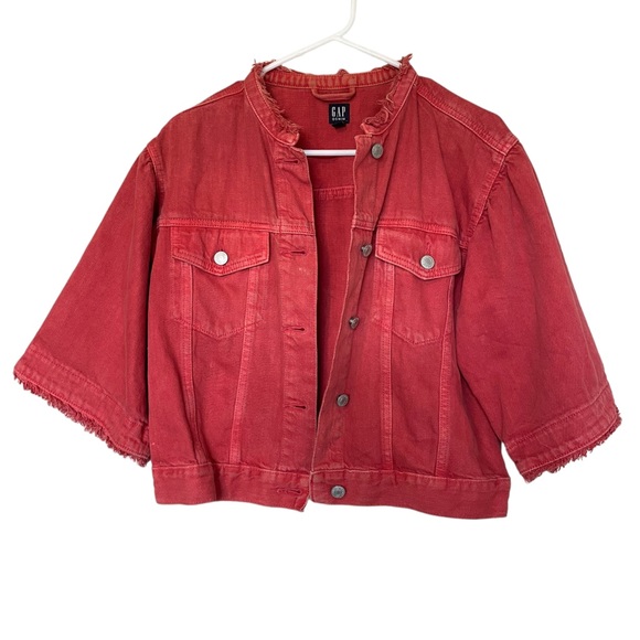 GAP Fringe Boho Denim Jacket with wide bell flared sleeves in Red Crimson S - Picture 7 of 13